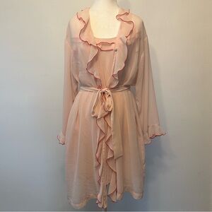 VINTAGE MATCHING BABY PINK SHEER SLIP & ROBE LINGERIE SET, SIZE: S | M